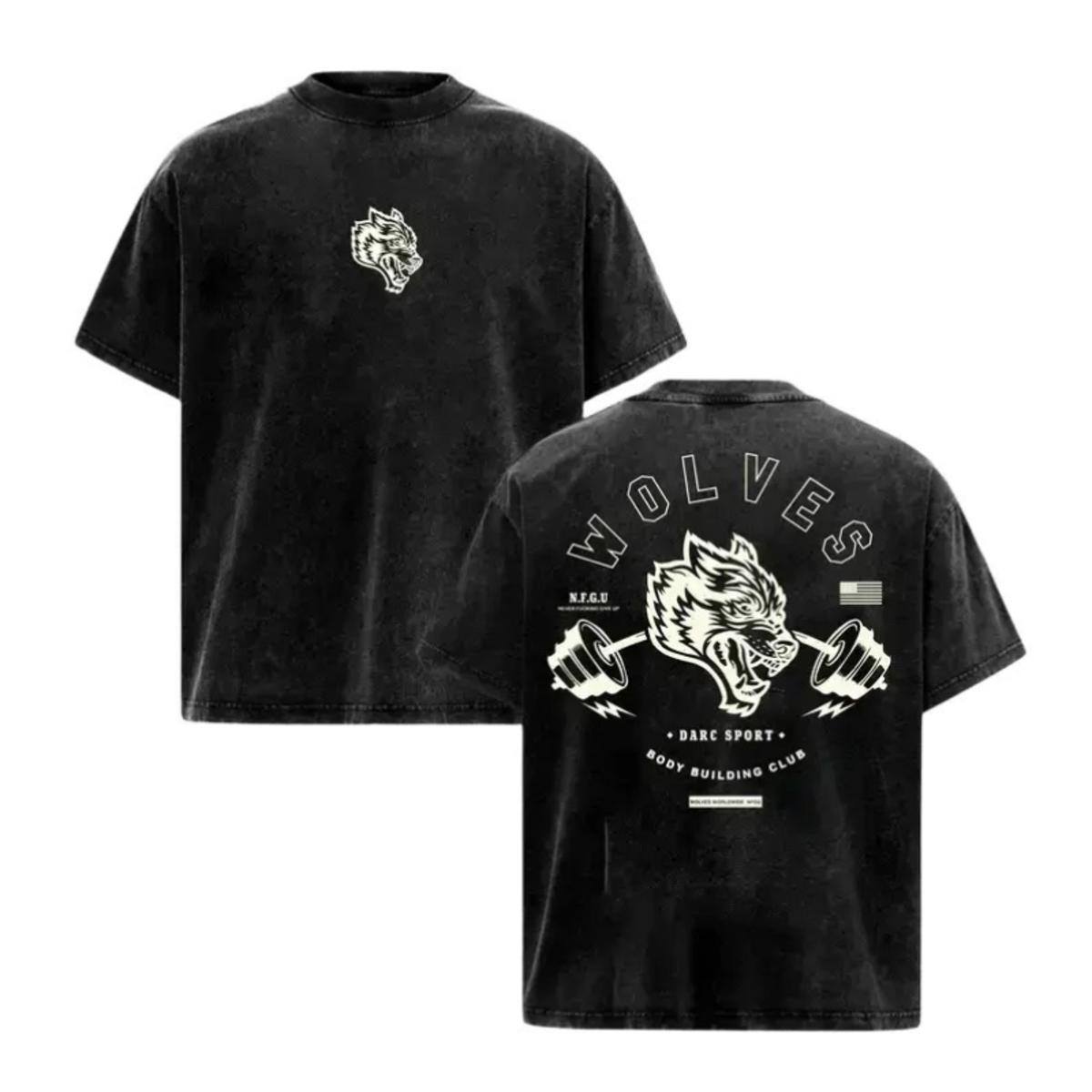 Darc Sport Wolves Bodybuilding Club Vintage Washed Oversized Tee | California Gym Apparel | Heavyweight Cotton | Perfect for Weightlifting & Street Style