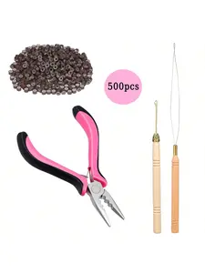 Hair Extensions Tool Kit: 500 Pcs Silicone Lined Micro Links Beads, 1 Pink hair extensions pliersThree Hole Hair Pliers, 1 Loop Needle Threader, 1 Pulling Hook Needle
