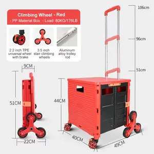 Foldable Utility Cart With Stair Climbing Wheels, Collapsible Rolling Crate With Magnetic Lid Telescopic Cover, Adjustable Telescoping Handle, 360° Rotate Wheel Hand Cart For Teacher Shopping Moving Travel Outdoor Picnic(Red)
