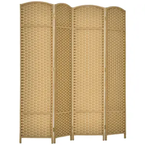 4 Panel Folding Room Divider – Nature Wood. 5.6' Tall Freestanding Partition. Hand-Woven PP (Water Repellent + Tear-Resistant). Pine Frame + Arched Top