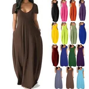 Women's Short Sleeve Loungewear Dress with Pockets, Casual Scoop Neck Nightgown Sleep Shirt