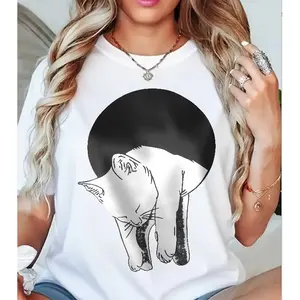 Cute Sleeping Cat Line Art Short Sleeve Crew Neck Tee