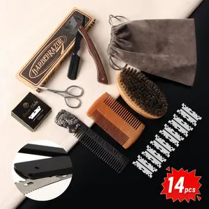 Men's Grooming Kit, 14pcs/set Professional Barber Styling Tools Set, Including Comb, Razor, Brush, Blade Holder, Blades, Barber Accessories for Men