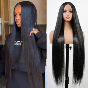 Long Straight Black Wigs for Women Glueless Synthetic Wig Middle Part 32 Inch