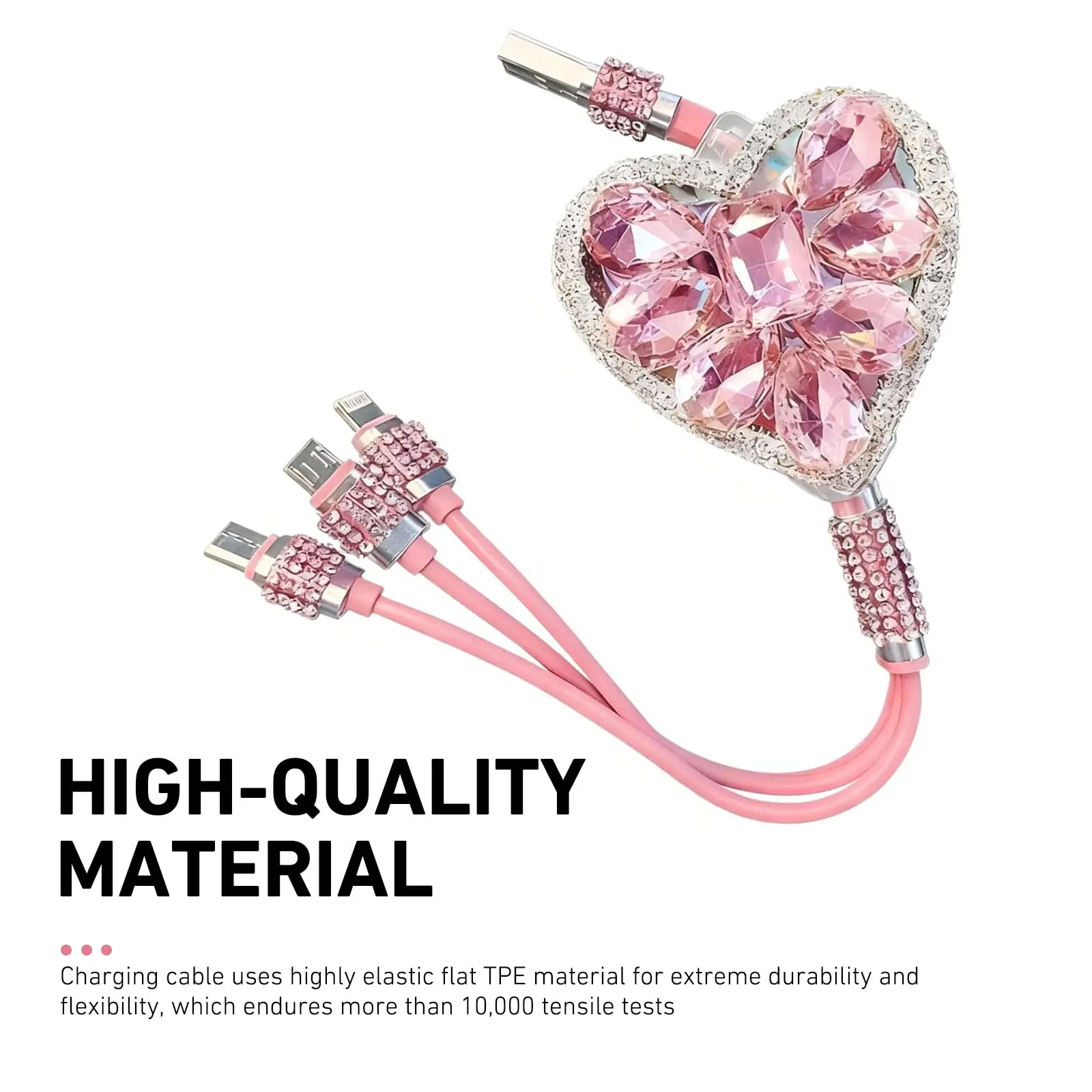 Bling Heart Shape 3-in-1 Auto Retractable Car Charger Cable - Fast Charging Multi-Port Data Sync Cord, Durable Portable Universal Fit Wire for Smartphones, Tablets (iPhone, Android, Type-C)