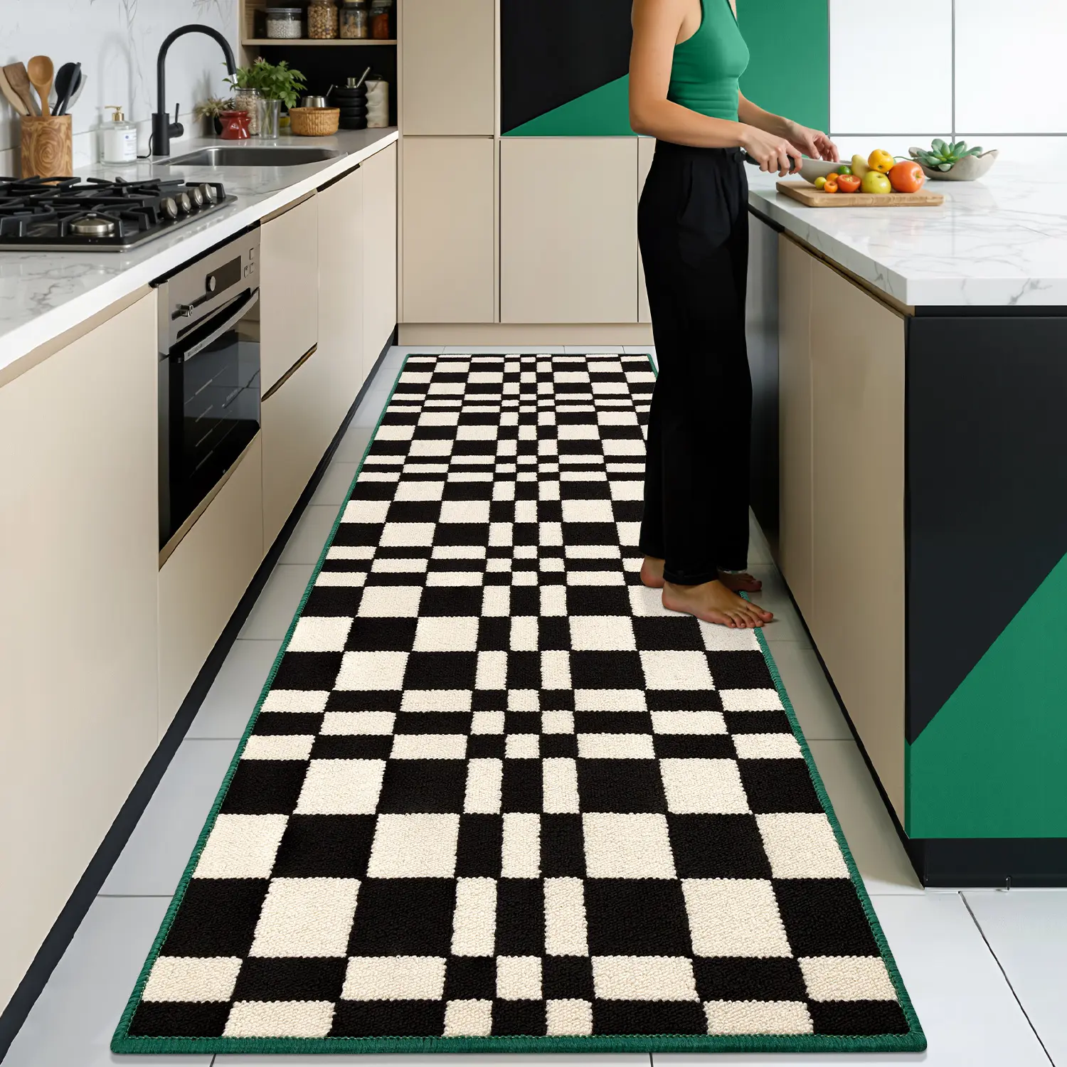 Hicorfe checkered grid checkerboard kitchen rugs, non-slip kitchen mats for floors, washable kitchen runner rugs/carpets for hallways, entryway, and laundry room apartment accessory indoor easy care large area mat soft low pile area rug home decoration