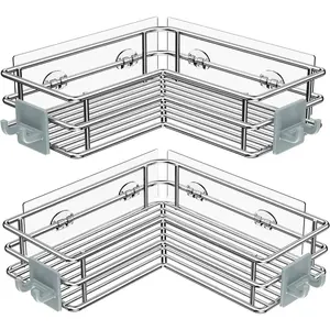 Corner Shower Shelves Stainless Steel, Adhesive Shower Caddy Basket Rack with Hooks, Rust Proof for Bathroom Shelf Shampoo Holder (Silver, 2 Pack)
