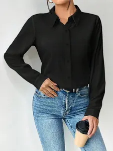 Women's Long Sleeve Satin Button Down Shirt, Womenswear Basic Minimalist Office-To-Brunch Blouse for Autumn, Capsule Wardrobe Essential