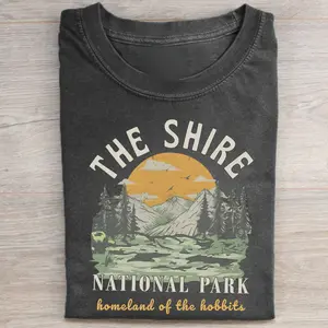 Vintage The Shire Lord of The Rings Graphic Tee - National Park - Homeland of The Hobbits - Middle Earth - J.R.R. Tolkien - Movie Shirt Menswear Top Round Neck Black