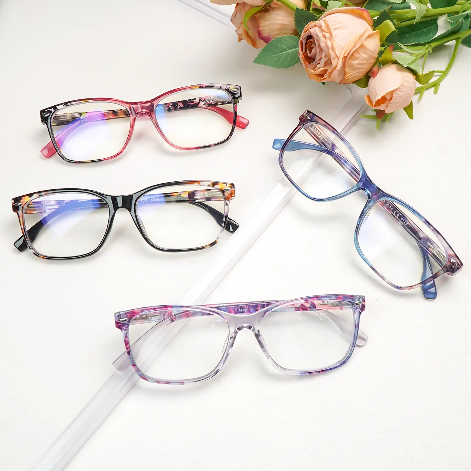 4-Pack Durable Progressive Multifocal Blue Light Blocking Reading Eyeglasses - Square Frame, Spring Hinges, 3-Level Adjustable Vision Zones, Ideal for Computer Use & Reading, Great Gift Option