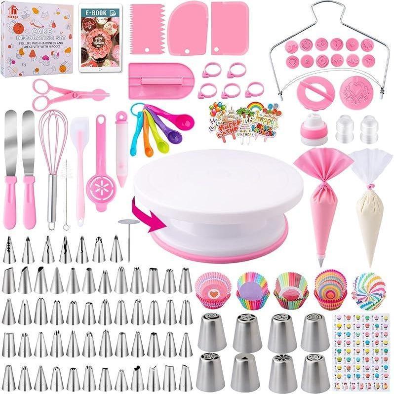 356Pcs Home Cake Decorating Kit Complete Baking Tools With Non Slip Turntable Icing Tips Beginner Must Have Multi Scene Decoration Essential