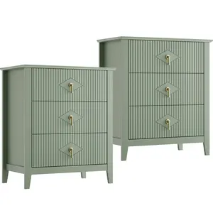 2Pcs Wood Nightstand Fluted Dresser for Bedroom, 27.5" Wide 3-Drawer Bedside Tables, Modern Chest of Drawers, Storage End Table Living Room, Hallway, Entryway,Multiple Colors