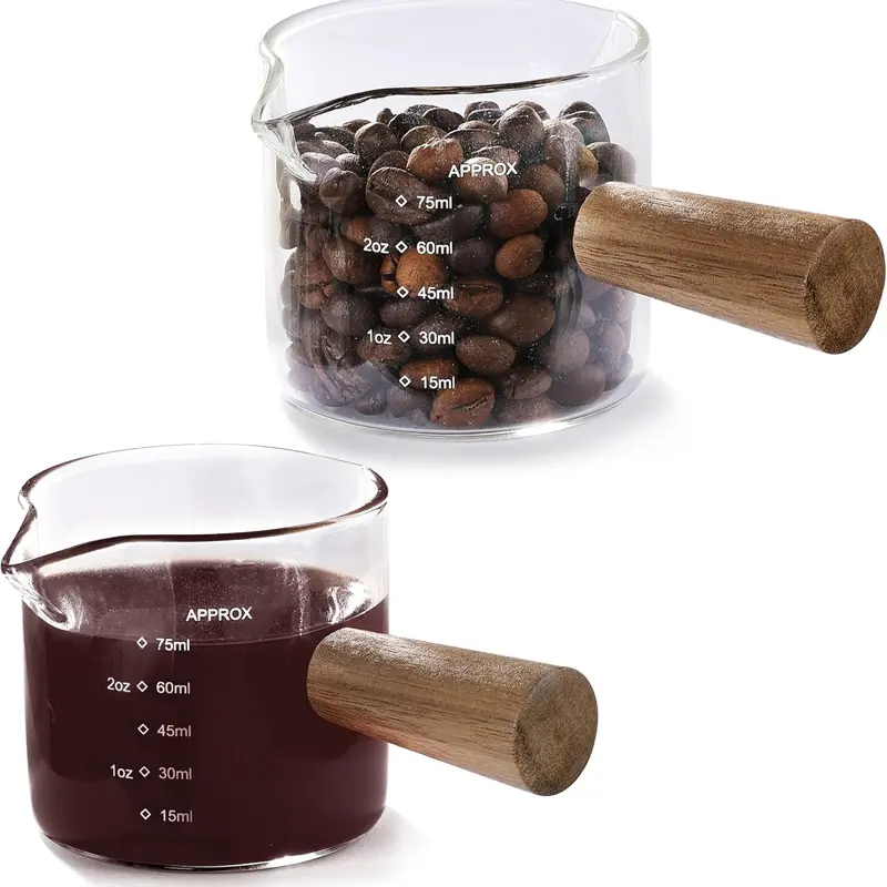 2 Pack Measuring Cups, Espresso Shot Glass with Wood Handle, Clear Glass with Dual Scale, Espresso Accessories with Double Spouts, 2.5 OZ /75 ML