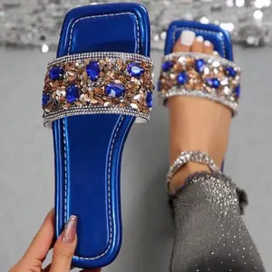 Women's Blue Sandal with Rhinestones - Flat Summer Footwear for Girls Comfortable Walking Shoes - Weight, Pu, Nail