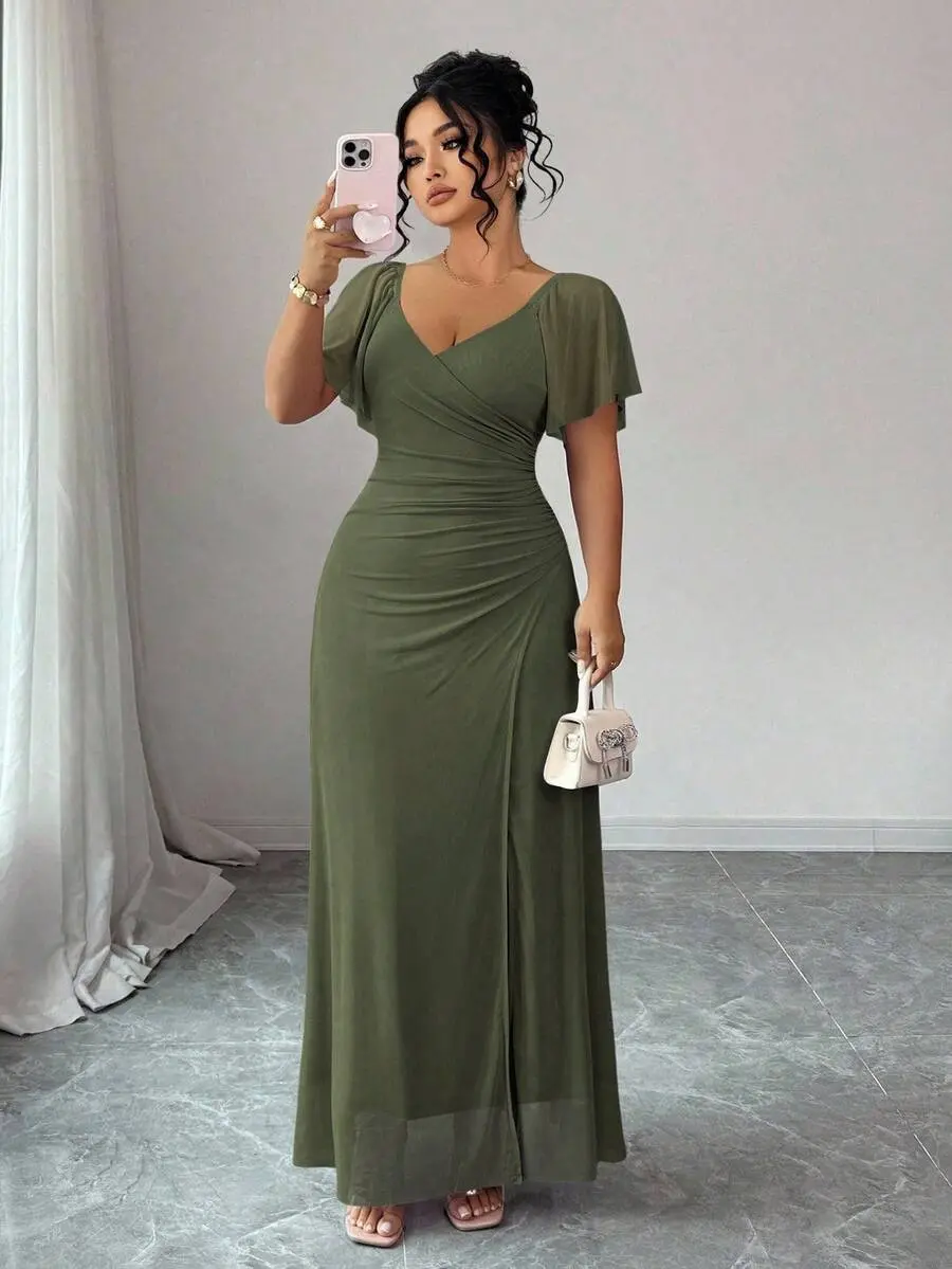 ZENIE Womens Lavender V Neck Ruffle Sleeve Waist Pleated Slit Dress Elegant Bridesmaid Wedding Party Formal Outfit