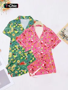44-piece combination women's lemon wine glass printed short sleeved shorts pajama set Pyjamas suitable for all seasons top pocket comfortable casual home wear Loungewear
