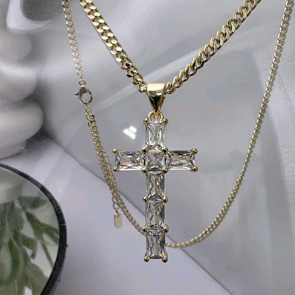 # 0331 14k Gold Plated Cuban Link Necklace Chain, 3mm Waterproof 18in Daily Wear Chain Jewelry Necklaces with Crystal Engraved Cross Pendant, Color-Resistant High-Quality Costume Jewelry