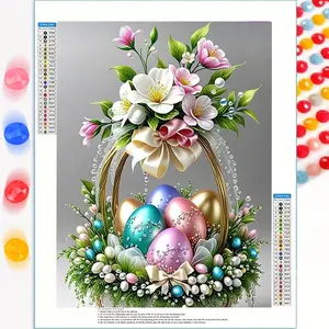 A 5D Round Diamond Full Drill Diamond Painting Featuring a Basket of Colorful Eggs with an Easter Theme, Measuring 30X40Cm/11.8X15.7In, Suitable for Beginners And Craft Enthusiasts. It Serves As a Decorative Piece for Living Rooms, Bedrooms