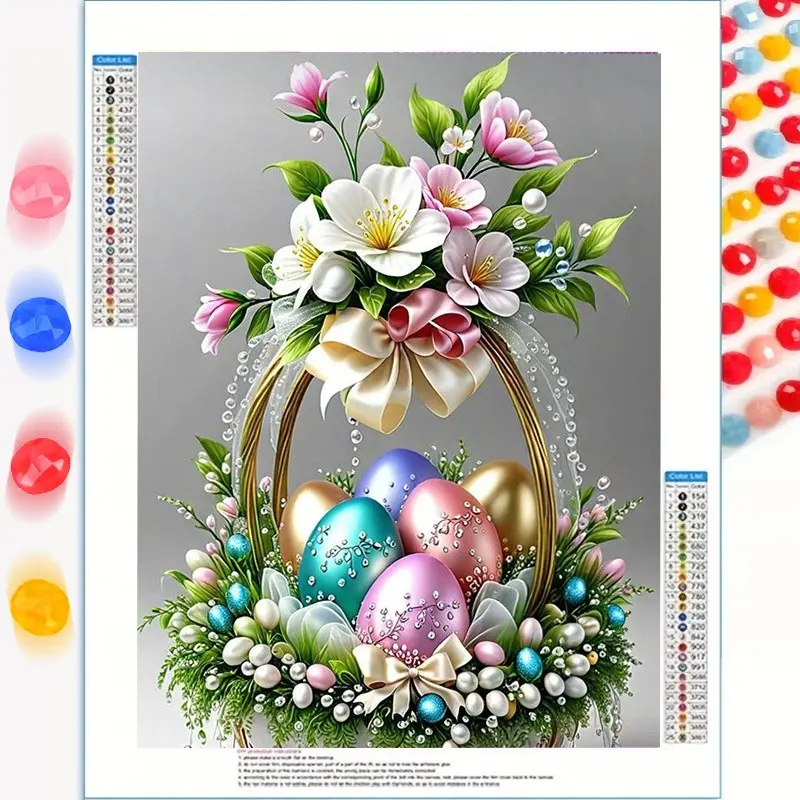 A 5D Round Diamond Full Drill Diamond Painting Featuring a Basket of Colorful Eggs with an Easter Theme, Measuring 30X40Cm/11.8X15.7In, Suitable for Beginners And Craft Enthusiasts. It Serves As a Decorative Piece for Living Rooms, Bedrooms