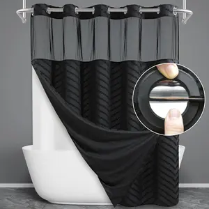 No Hook Shower Curtain with Snap in Liner, Black Tufted Chevron Striped Shower Curtains for Bathroom,  & Washable, 71Wx74H
