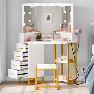 YITAHOME Vanity Desk with Lights, Corner Vanity with Power Outlet, Makeup Table Set with 4 Drawer, Stool, 3 Color Modes & Adjustable, Bedroom