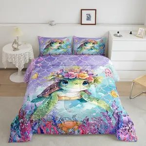 Sea Turtle Designer Comforter Set,Animal Blue Coastal Comforter,Mermaid Scales Beach Coastal Luxury Bedding Set,Breathable Ocean Summer Duvet Set