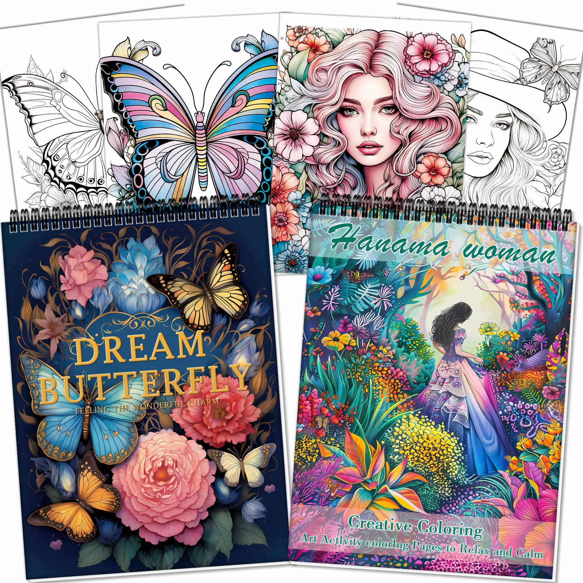 2-Pack Colorful Coloring Book Set, Art Activity - Two Themes - Dream Butterfly & Hanama Woman Theme - Anti-Stress Designs for Artistic Adults - Relaxation & Creativity Gift for Holidays, Christmas with Intricate Patterns - Spiral Bound for Easy Use