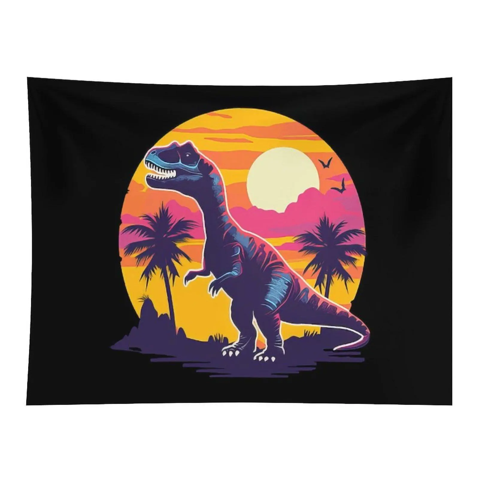 Retro Sunset Dinosaur T‑Rex Palm Tree Tropical Vintage Style Wall Tapestry Bold Color Art Decor for Bedroom Dorm Wall