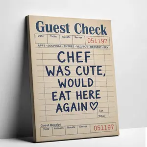 Vintage Guest Check Canvas Wall Art, “Chef Was Cute Would Eat Here Again” Funny Kitchen Poster, Retro Restaurant Decor for Dining Room Coffee Bar