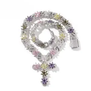[ICE HUE]18K Gold Vacuum Plated Copper with 5A+ Sri Lanka Zircon Colorful Flower Cross Necklace Miami Italy Mexico & Micro Inspired for Women & Men Luxury Jewelry,Daily Wear,Casual Fashion,Gift Idea,Chicano,Classic,Hip Hop,Simple,Sporty Style Cuban Link D