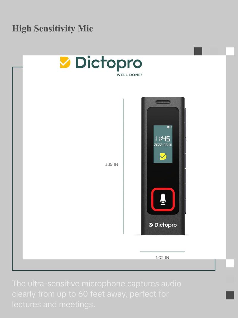 Dictopro X200 Digital Voice Recorder - Portable and Durable Metal Construction - Audio Microphone Automatic