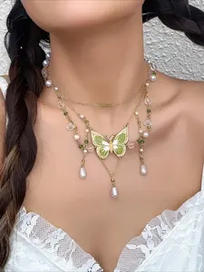Fairycore Green Butterfly Layered Necklace, Pearl Tassel Beaded Choker, Cottagecore Aesthetic Jewelry for Summer Vacation & Party, Elegant Beaded Necklace, Dainty Necklace