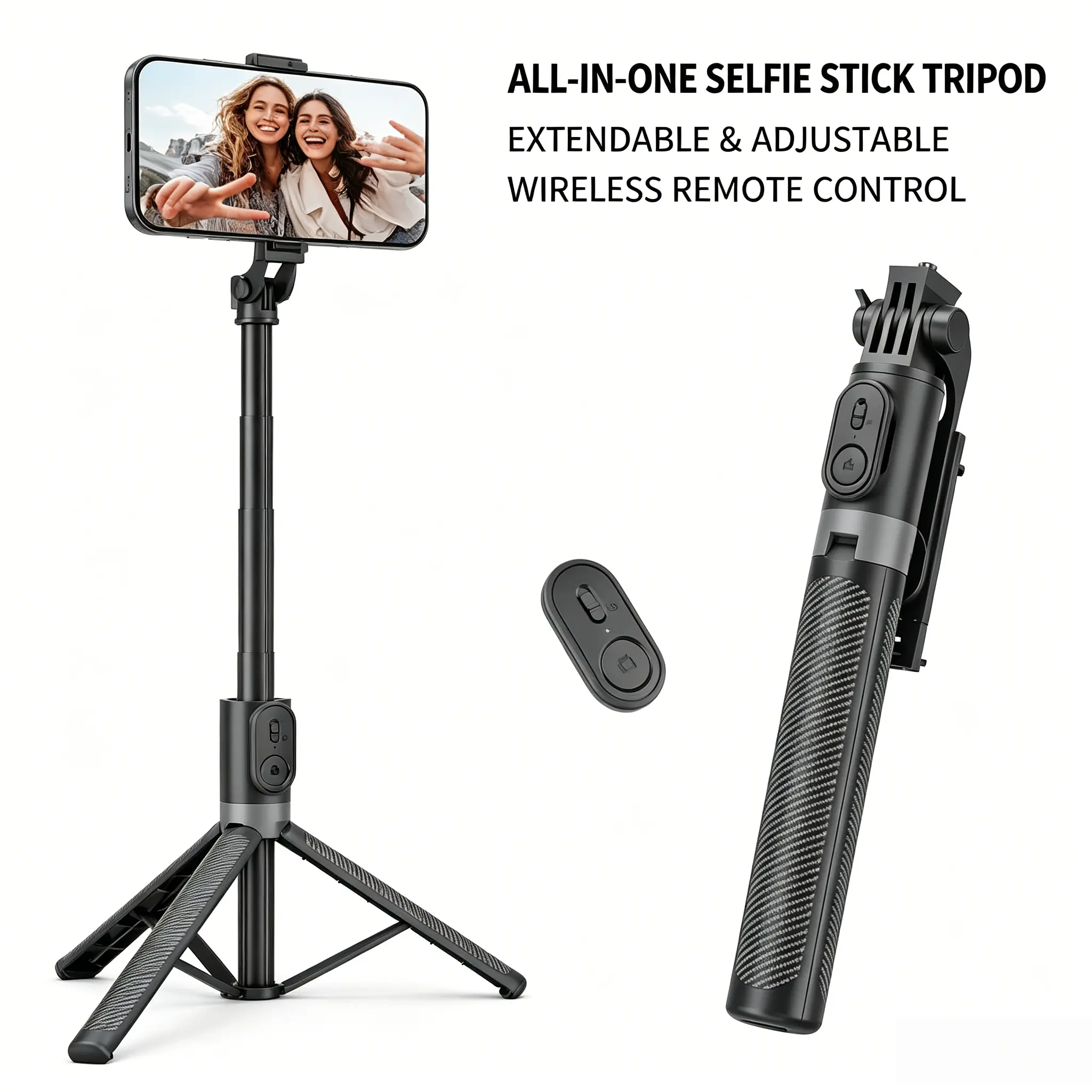 3-in-1 Selfie Stick Tripod, Telescopic Portable Selfie Stick with Detachable Wireless Remote and Tripod Stand, Compatible with Smartphones iPhone, Samsung, Huawei, Xiaomi