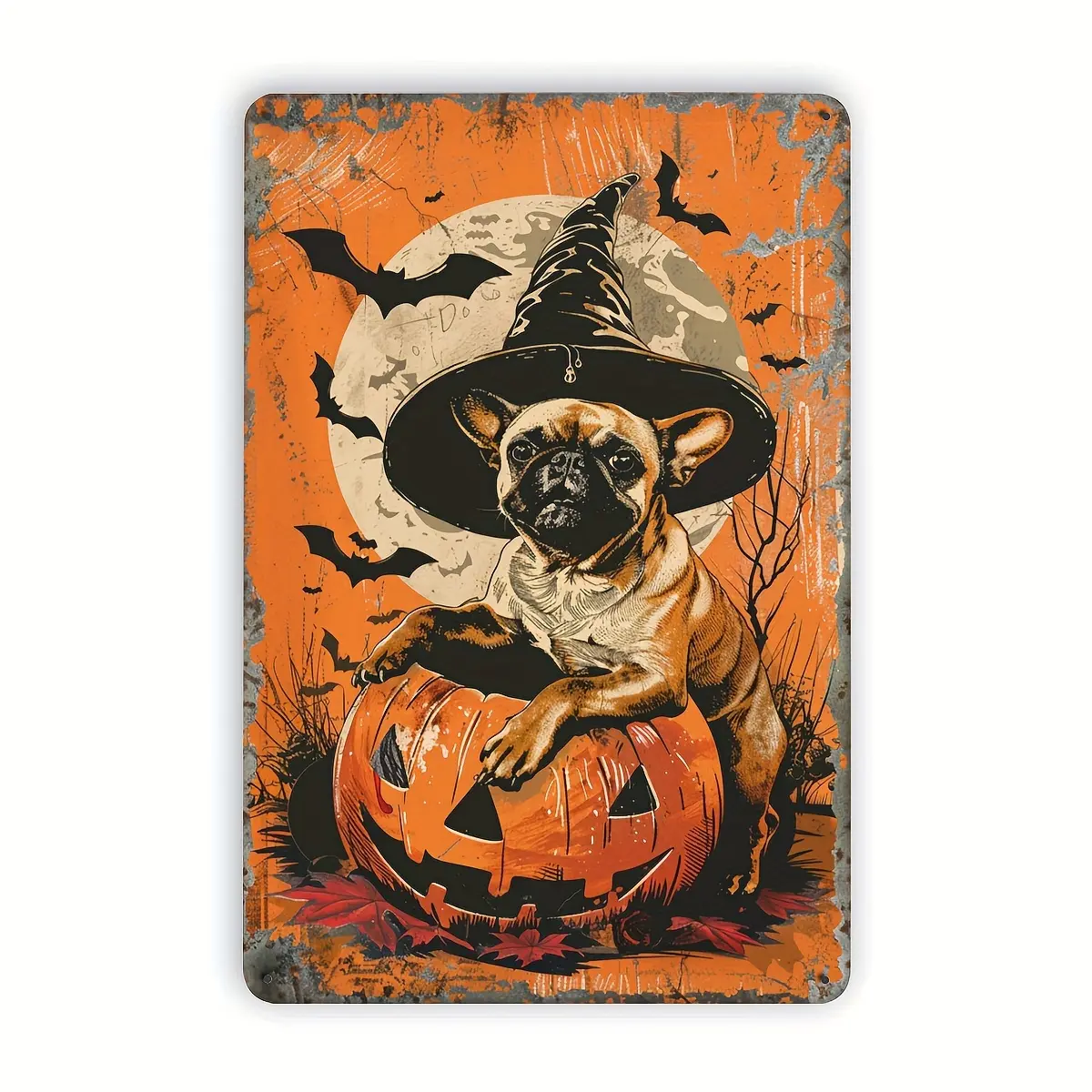 Spooky Halloween Pug Dog Retro Iron Tin Sign - 8x12 in, 1-Pack, Foil Engraved Vintage Wall Art Decorating Plaque for Home, Cafe, Indoor Outdoor Home Supplies Signage