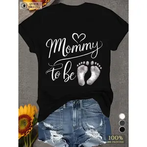 Quick Drying 180g Cotton Black Crew Neck Short Sleeve 'Mommy To Be' Graphic Tee for Women - Cute Expecting Mother's Baby Feet Print T-Shirt, Ideal Casual Maternity Wear with Heart Motif, Breathable Personalized Comfort