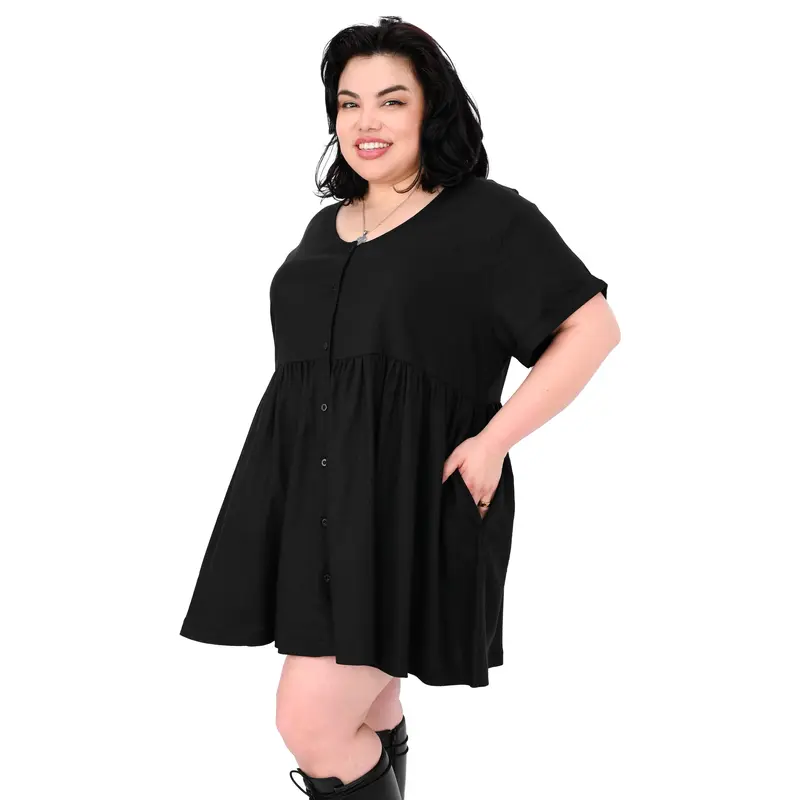 Foxblood Shop Women's Riley Oversized Babydoll Short Black Summer Dress, Spandex-Linen Blend, Lightweight, Flattering Fit