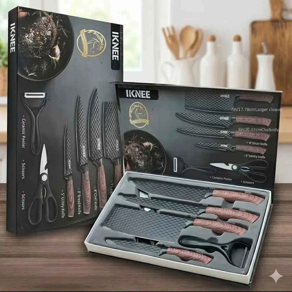 Professional 6pcs Kitchen Knife Set - Chef's Knife, Slicing Knife, Scraper, and Scissors - High Carbon Stainless Steel with Ultra-Sharp Blades, Non-Stick Ergonomic Wooden Handles - Ideal for Home, Travel, and Gift Box Set