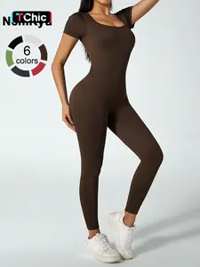 Women Yoga Jumpsuits Workout Ribbed Square Neck Short Sleeve Sport Jumpsuits