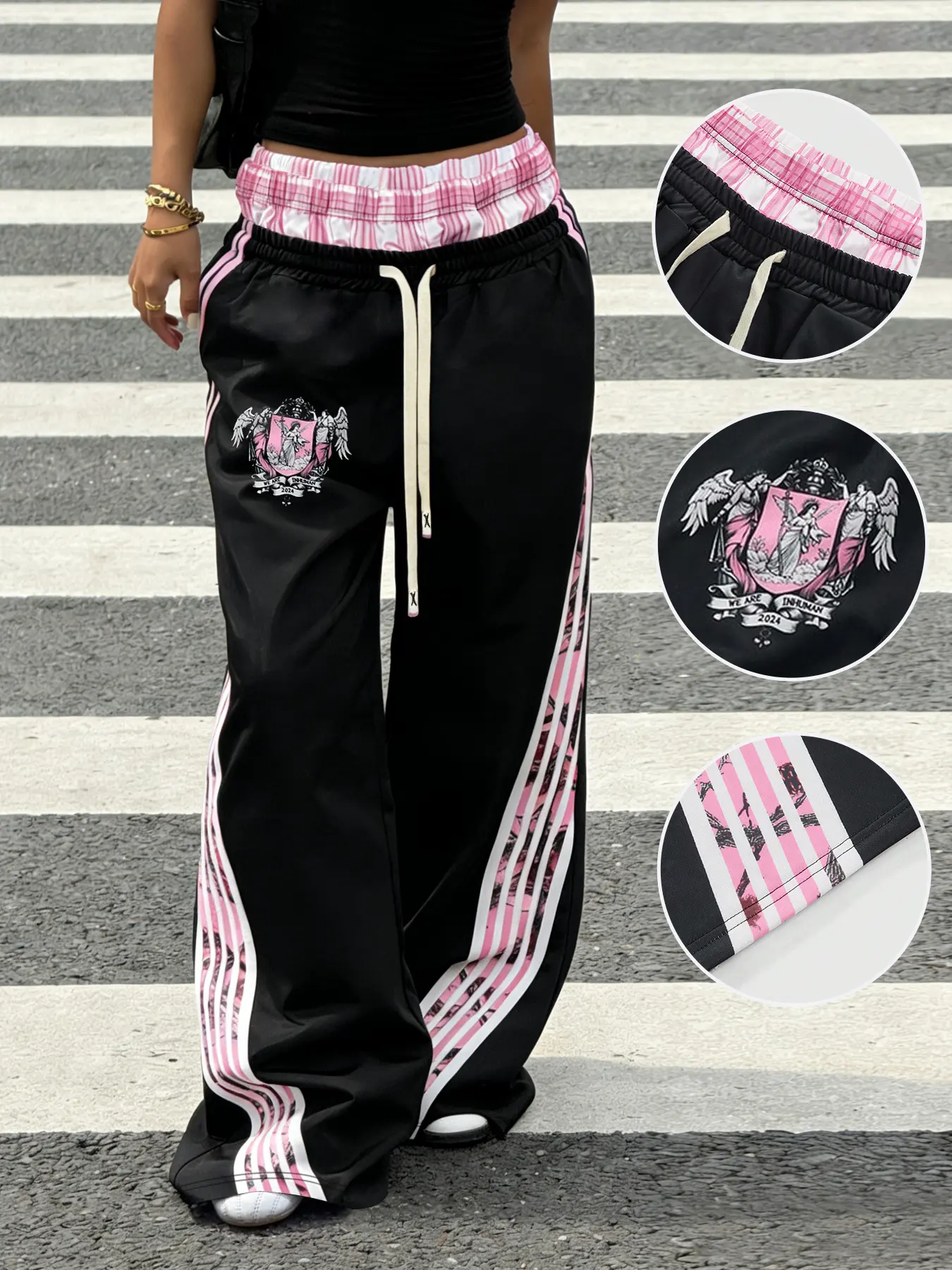 Women's Drawstring High Waist Leggings, Unique Two-Piece Waist Design, Loose Fit, Lady Liberty Print, Casual Street Style, All Seasons Pants