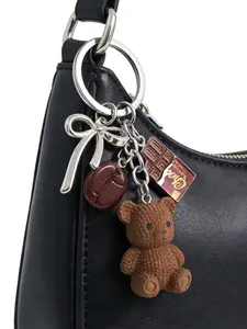 Cute Coffee & Teddy Bear Keychain Bag Charm, Knitted Style, Heart-Shaped Coffee Beans, Letter Cookies, Mini Resin Bag Decor