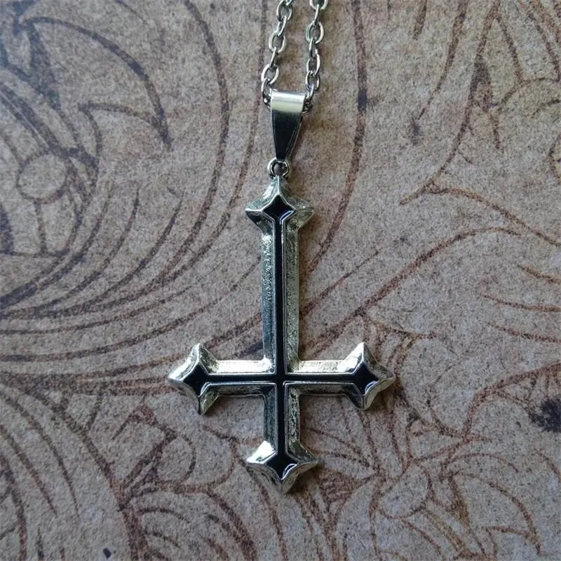 Ornate Black Enamel Inverted Cross Necklace - Unique Satanic Gothic Punk Jewelry for Men Women Vintage Gothic Accessory