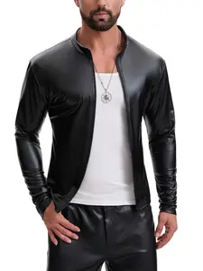 Men's Shiny Metallic Finish Soft Leather Jacket, Long Sleeve Stand Collar Metal Texture Shirt, Full Zip Zipper Closure Casual Pure Color Plain Pattern Elastic Top, Club Wear