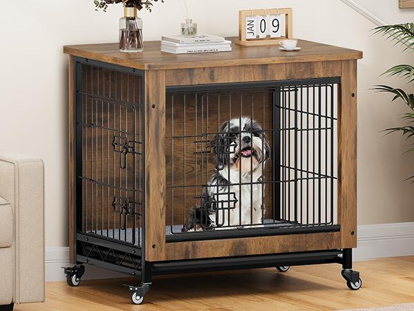 DWVO Dog Crate Furniture with Cushion, Dog Kennel Indoor with Wheels, Dog Crate End Table with Tray, 27" Dog Cage with Double Doors for Small Dog