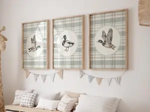 Mallard Duck Print Set of 3, Boy Nursery Wall Art, Printable Gingham Wall Decor, Green Vintage Farmhouse Poster, Cottage Animal Artwork