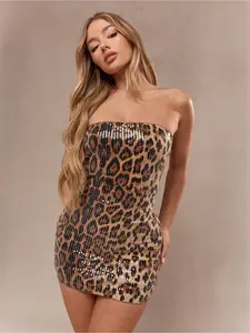 Women's Sexy Bodycon Wild Leopard Print Sequin Strapless Mini Dress, suitable for summer beach, graduation ceremonies, Easter concerts, Nashville vacations, music festivals, bar dates, casual outings, and other occasions.
