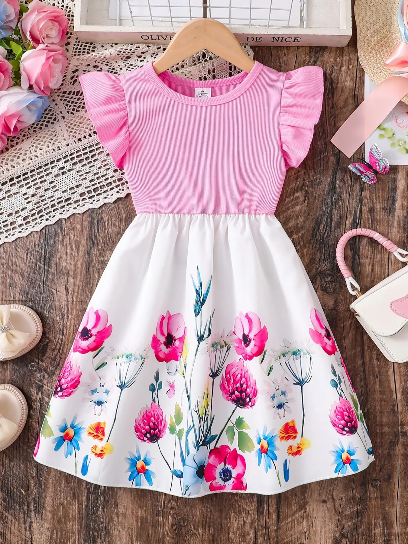 Girl's Colorblock Floral Print Butterfly Sleeve Dress, Casual Cap Sleeve Round Neck Dress for Summer, Kids Clothes for Daily Wear, Floral Pattern Dres