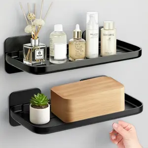 2 Pack Adhesive Floating Shelves No Drill Small Wall Shelf for Bathroom Kitchen Bedroom Office Black Damage-Free Installation Holds Up to 4 lbs Space-Saving Organizer