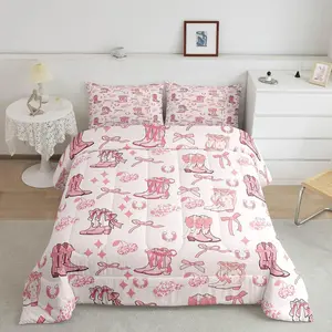 Feelyou Girls' Western Cowgirl Digital Print Comforter Set - Breathable Microfiber Bedding with Tribal Boots, Caps, Horseshoes, Pink Bowknot, Disco Cherry, Princess-Style Starry Design, Twin, Full Sizes for Bedroom Decor, Western Decor, Cowboy Motifs