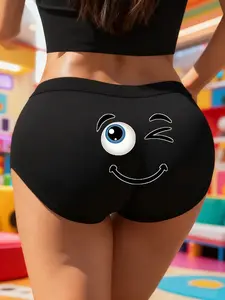 Cartoon Emoji Print Women's Briefs, Cute Back Design, Fun and Quirky, Everyday Wear, Comfortable and Stylish Underwear