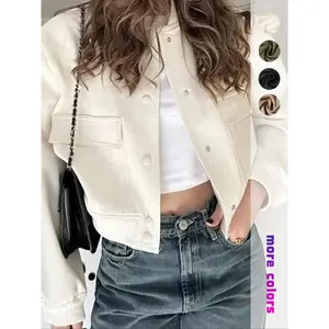 Women's Plain Flap Pocket Crop Bomber Jacket, Casual Long Sleeve Button Front Varsity Jacket, Ladies Outerwear Coats for Daily Wear
